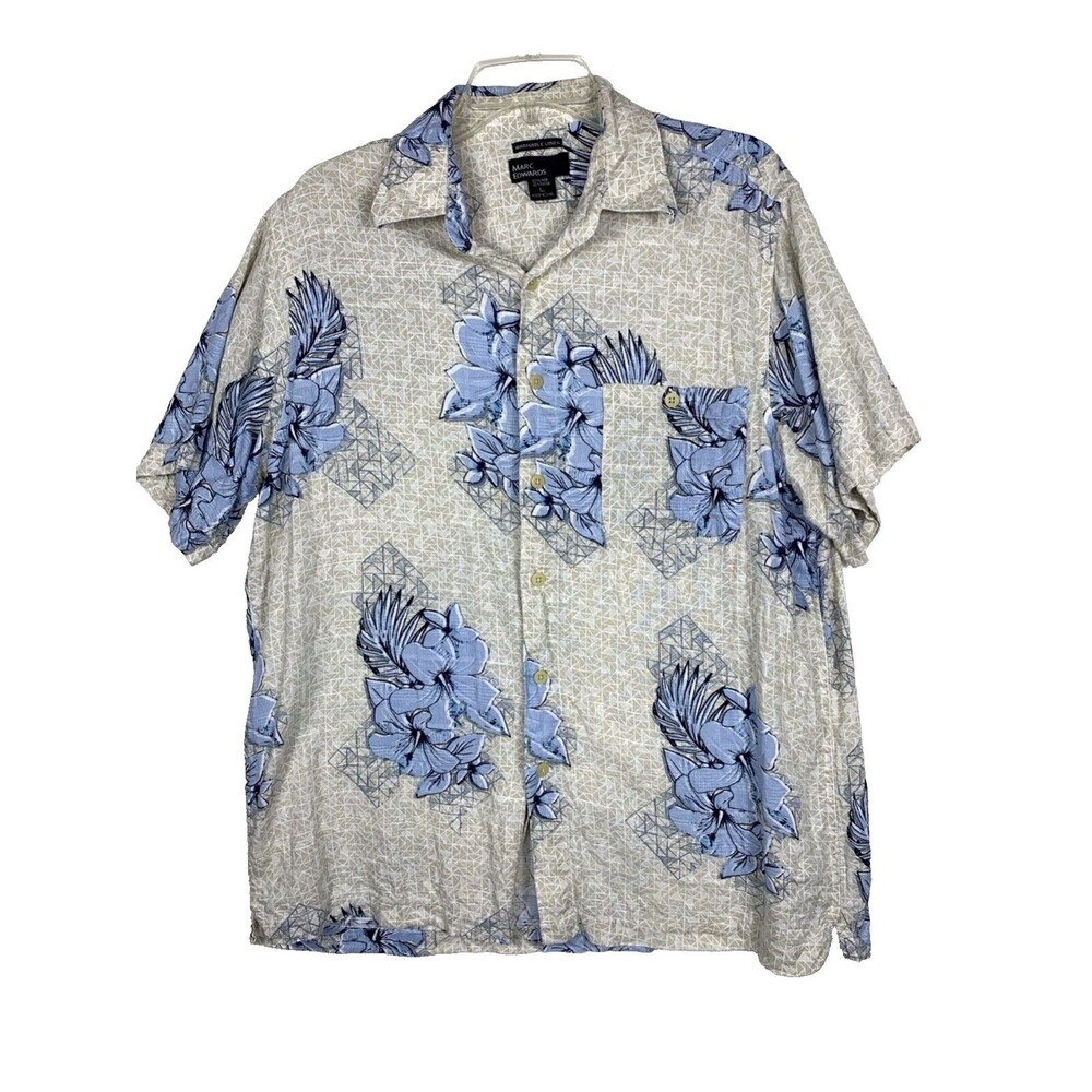 Marc Edwards Shirt Mens Large Blue Floral Linen Blend Short Sleeve Button up